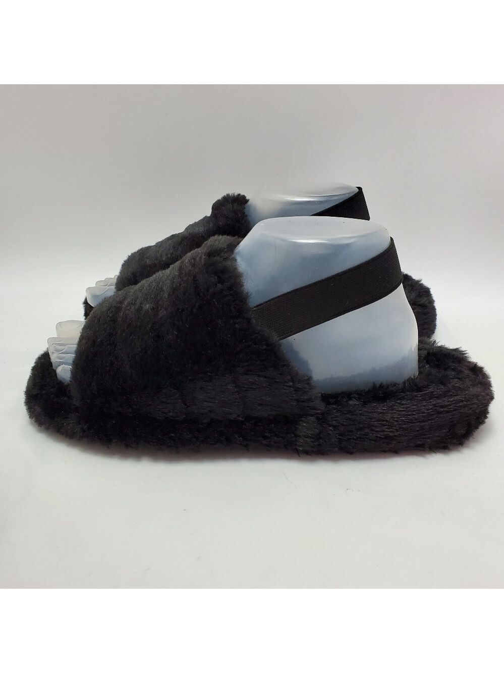 Cozy Fluffy Mule Sling Back Elastic Strap Faux Fur Slippers Black Size Medium - Picture 2 of 12